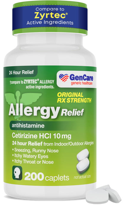 GenCare Cetirizine HCL 10 mg - 200 Caplets, 24 Hour Non-Drowsy Allergy Relief (Generic Zyrtec)