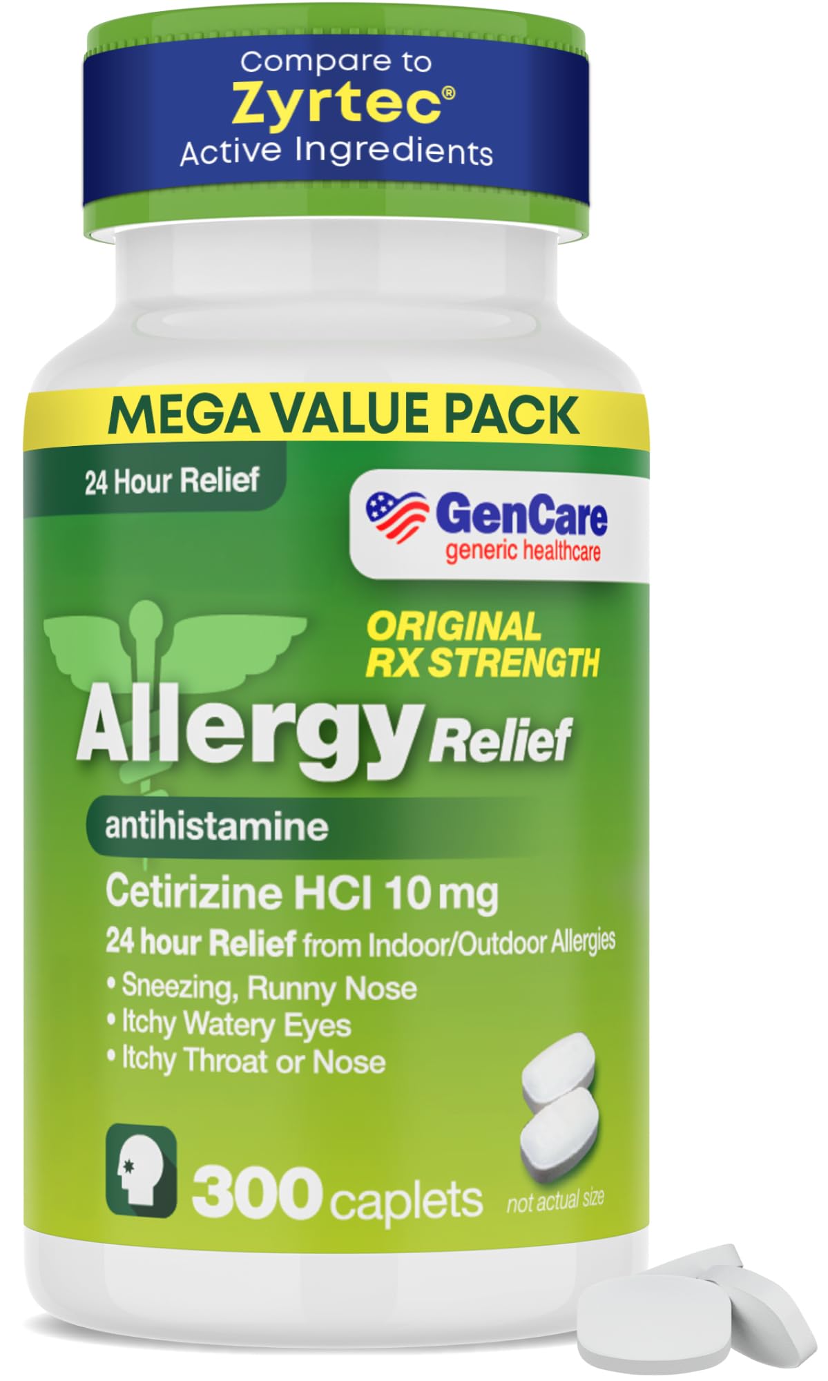 GenCare Cetirizine HCL 10 mg (300 Caplets) – 24-Hour Non-Drowsy Allergy Relief | OTC Antihistamine
