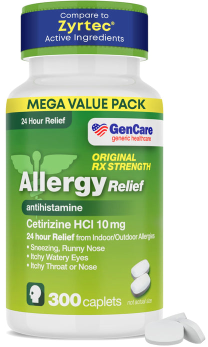 GenCare Cetirizine HCL 10 mg (300 Caplets) – 24-Hour Non-Drowsy Allergy Relief | OTC Antihistamine