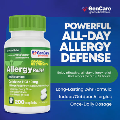 GenCare Cetirizine HCL 10 mg - 200 Caplets, 24 Hour Non-Drowsy Allergy Relief (Generic Zyrtec)