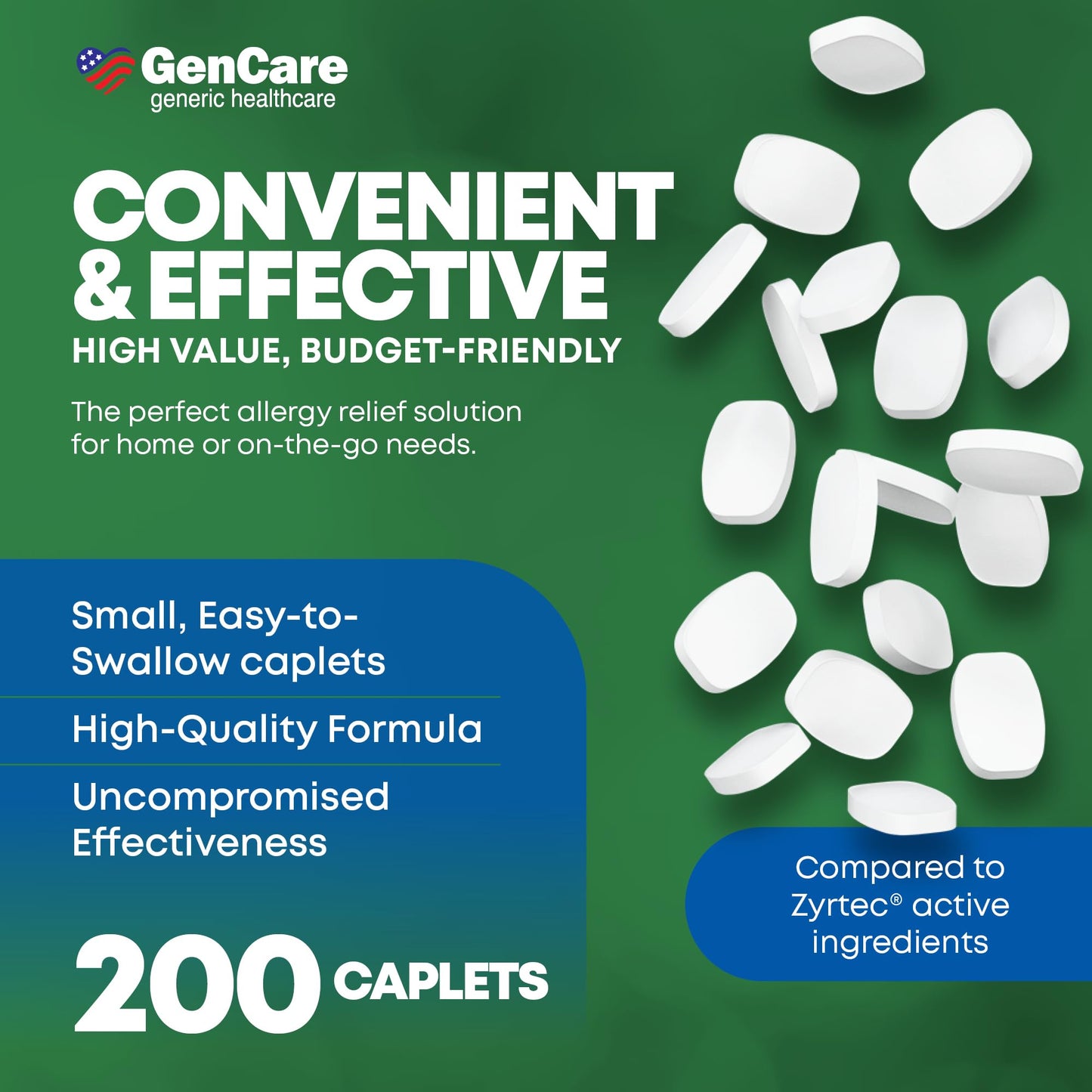 GenCare Cetirizine HCL 10 mg - 200 Caplets, 24 Hour Non-Drowsy Allergy Relief (Generic Zyrtec)