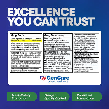 GenCare Cetirizine HCL 10 mg - 200 Caplets, 24 Hour Non-Drowsy Allergy Relief (Generic Zyrtec)