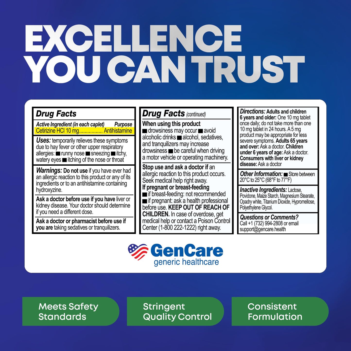 GenCare Cetirizine HCL 10 mg - 200 Caplets, 24 Hour Non-Drowsy Allergy Relief (Generic Zyrtec)
