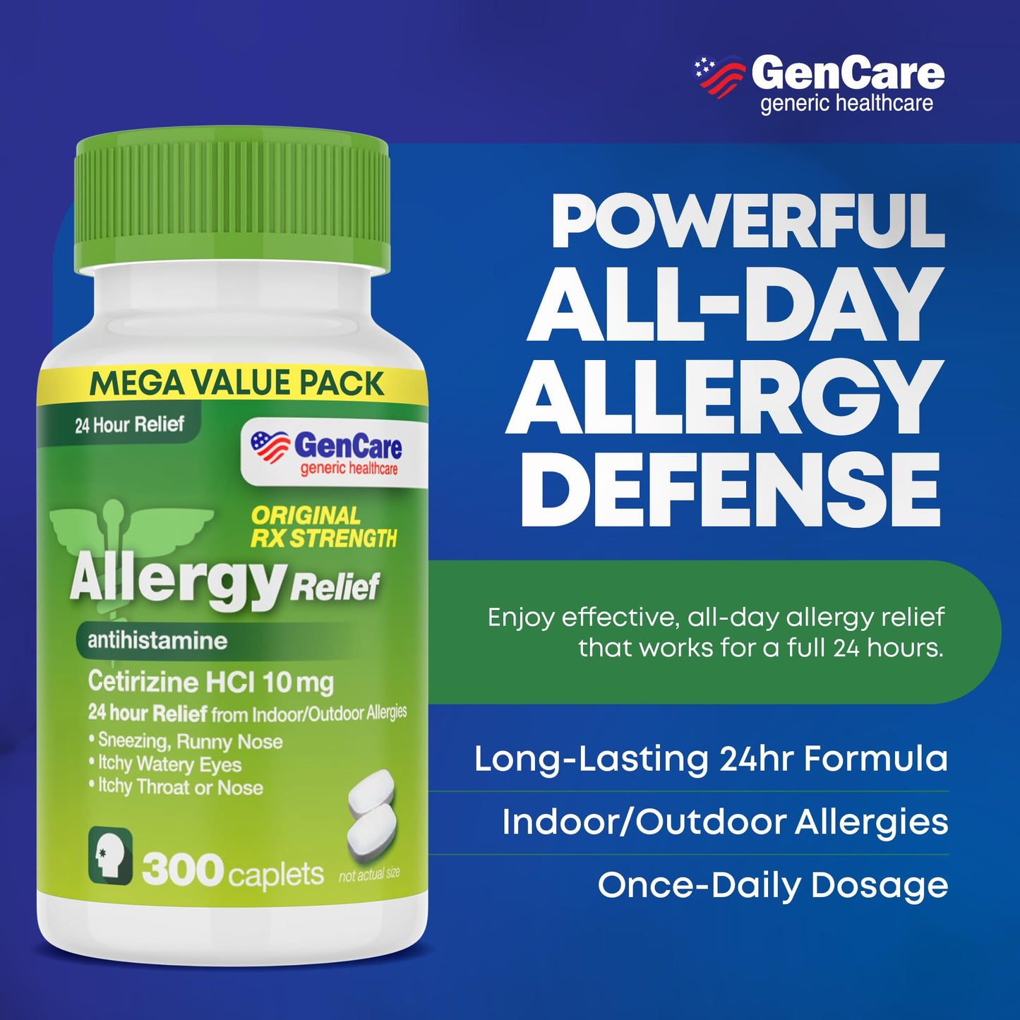 GenCare Cetirizine HCL 10 mg (300 Caplets) – 24-Hour Non-Drowsy Allergy Relief | OTC Antihistamine