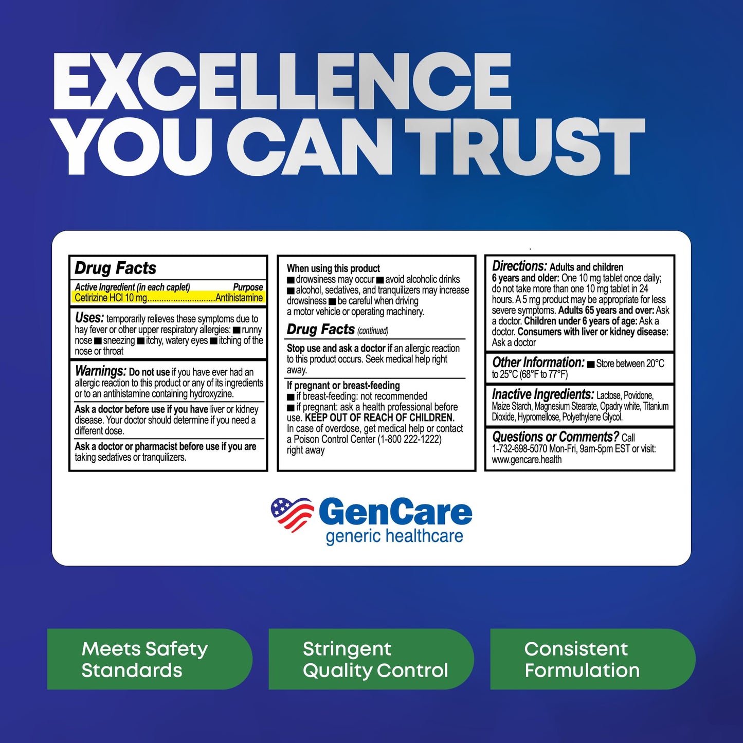 GenCare Cetirizine HCL 10 mg (300 Caplets) – 24-Hour Non-Drowsy Allergy Relief | OTC Antihistamine