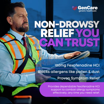 GenCare - Allergy Relief Pills | Fexofenadine HCl 180mg 150 Tablets | Non Drowsy Antihistamine Allergy Pills for Hay Fever, Seasonal Allergies, Outdoor & Indoor Allergies | Relieves Itchy Eyes & Nose