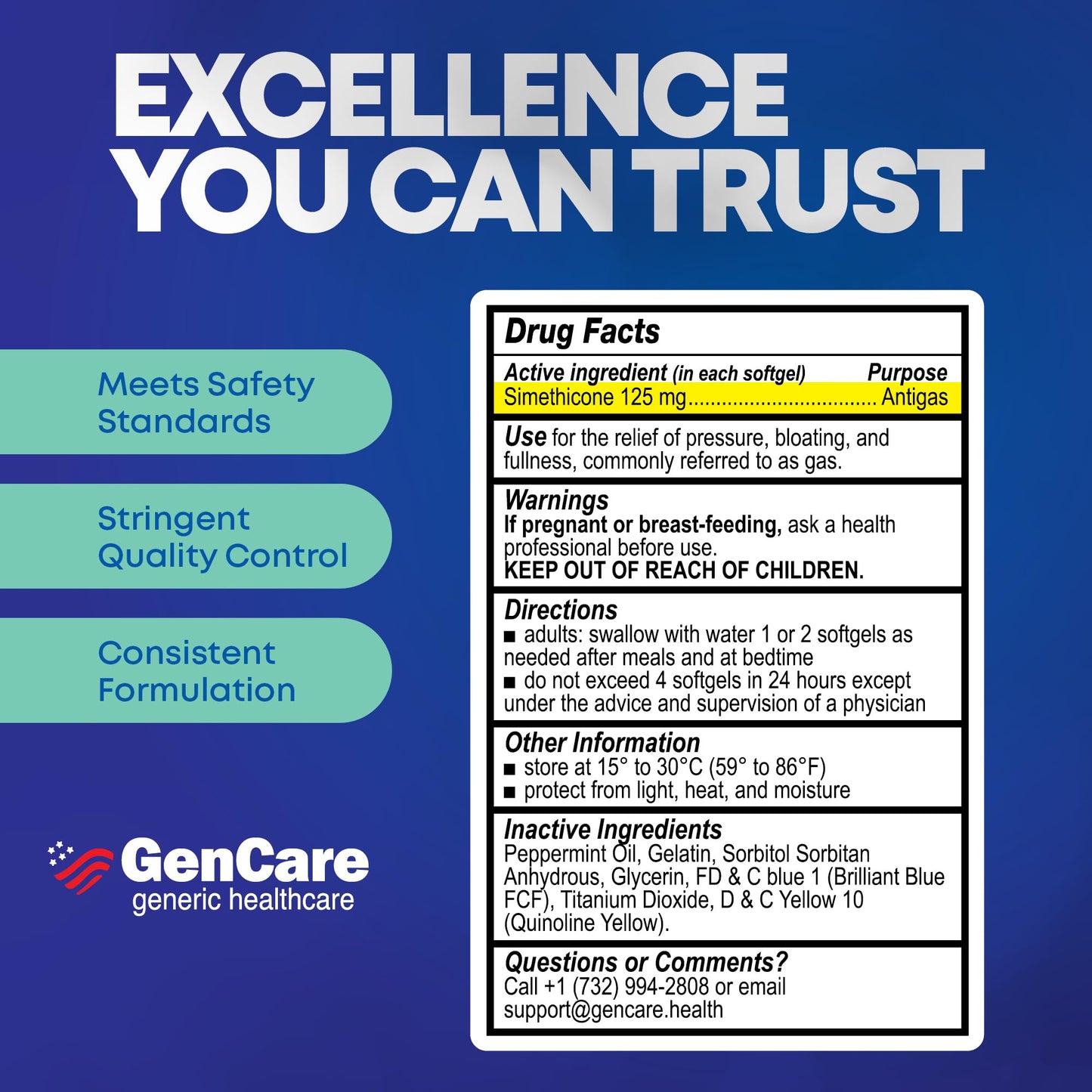 GenCare Extra Strength Gas Relief 125mg – 180 Softgels | Fast Bloating Relief (Compare to Gas X)