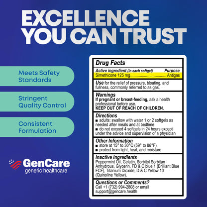 GenCare Extra Strength Gas Relief 125mg – 180 Softgels | Fast Bloating Relief (Compare to Gas X)