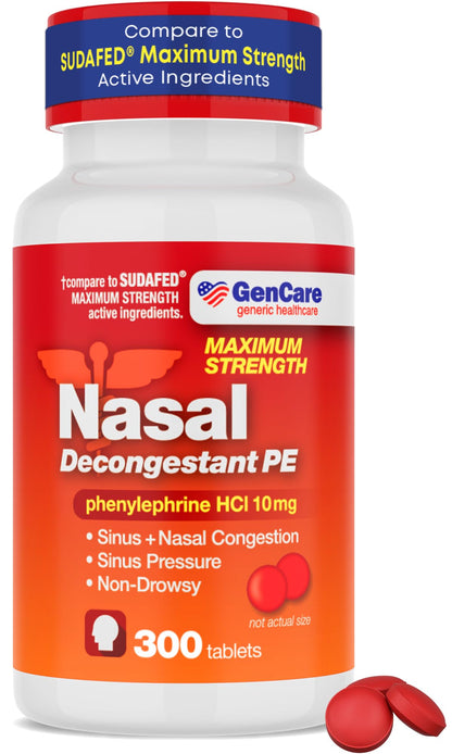 GenCare Nasal Decongestant PE – 300 Count, 10mg Phenylephrine HCl | Non-Drowsy Sinus Relief (Compare to Sudafed PE)