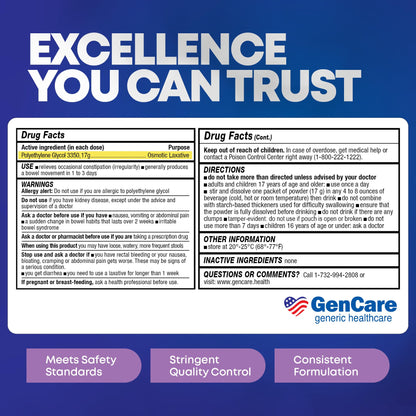 GenCare Polyethylene Glycol 3350 Powder – 30 Travel Packets for Gentle Occasional Constipation Relief