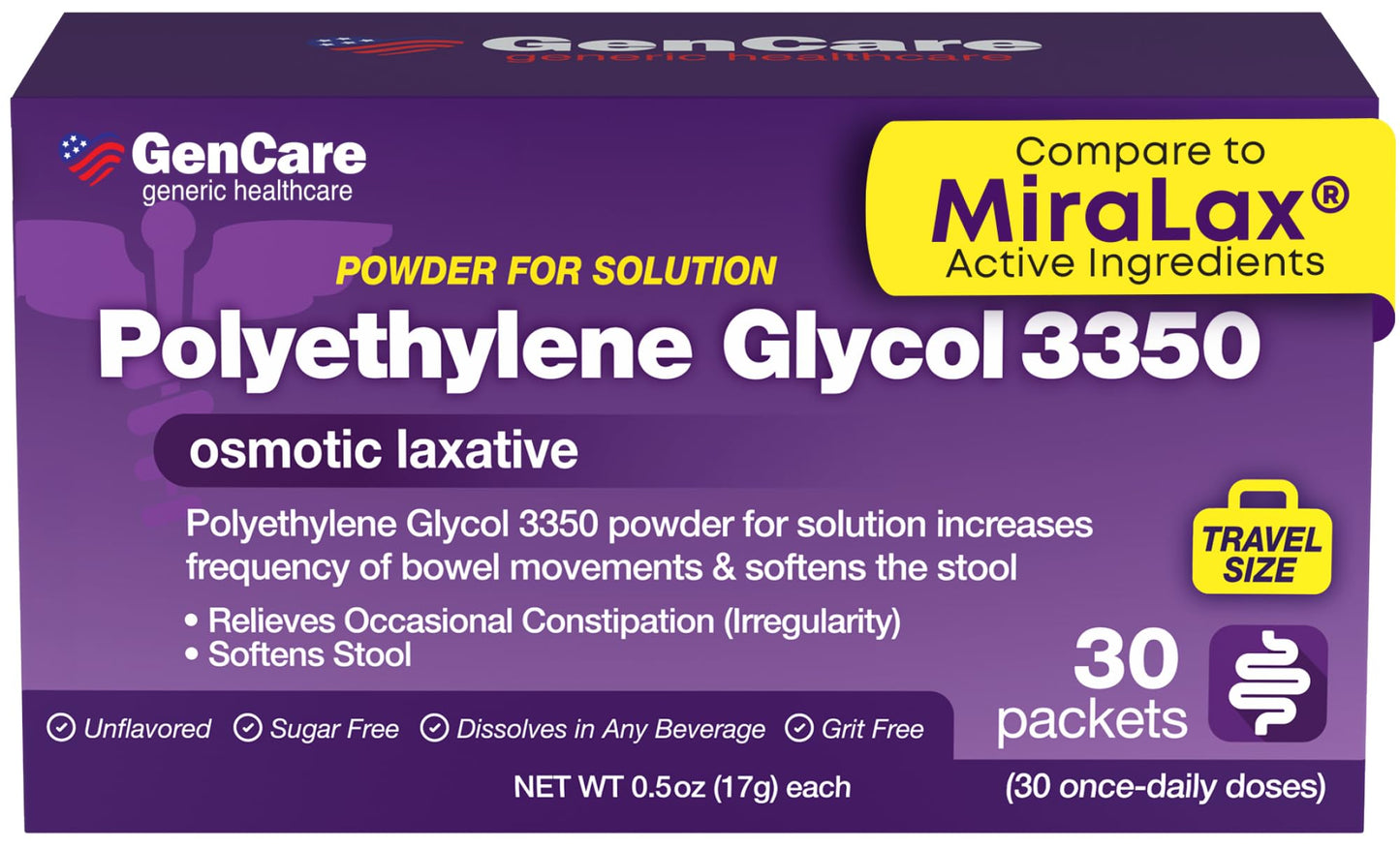 GenCare Polyethylene Glycol 3350 Powder – 30 Travel Packets for Gentle Occasional Constipation Relief