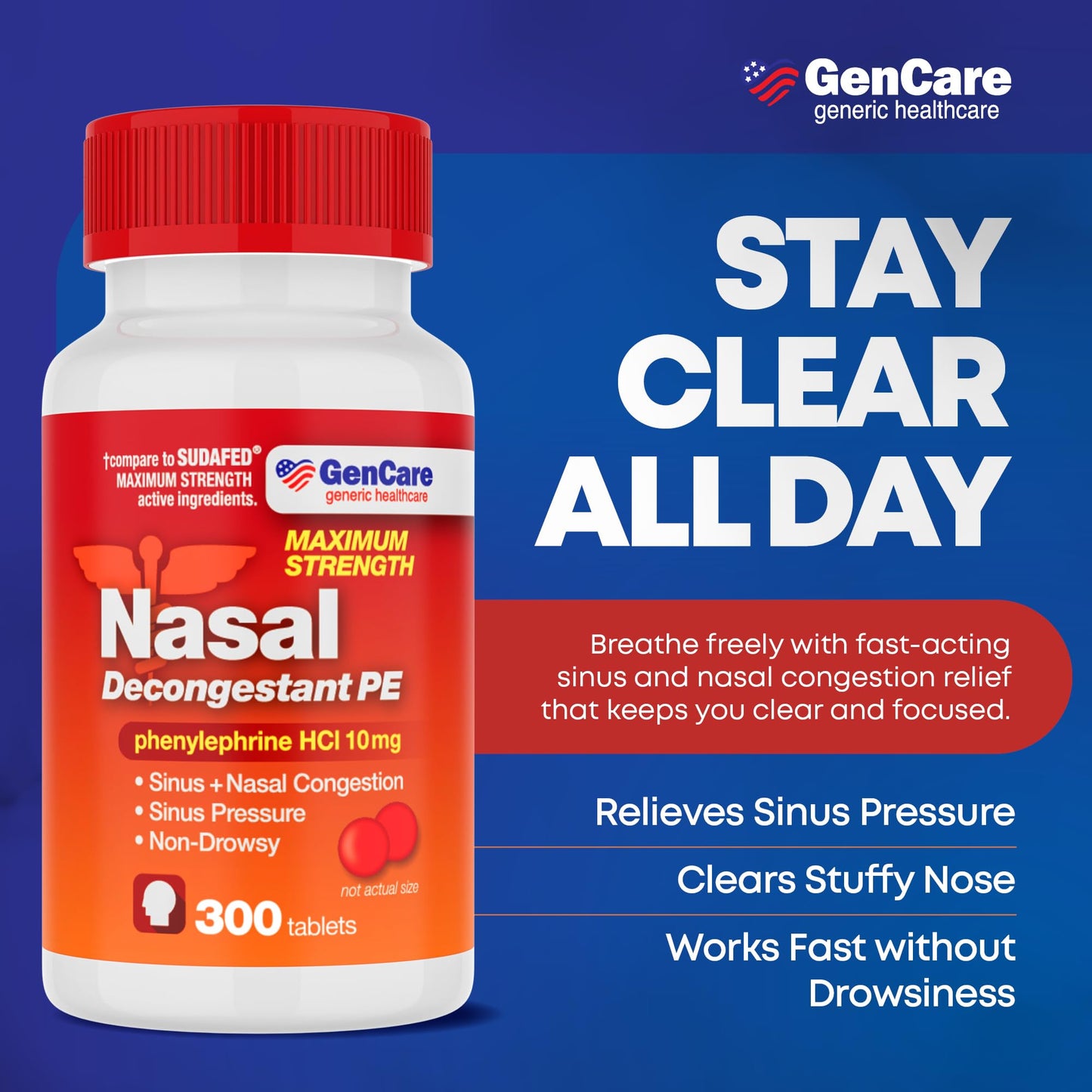 GenCare Nasal Decongestant PE – 300 Count, 10mg Phenylephrine HCl | Non-Drowsy Sinus Relief (Compare to Sudafed PE)