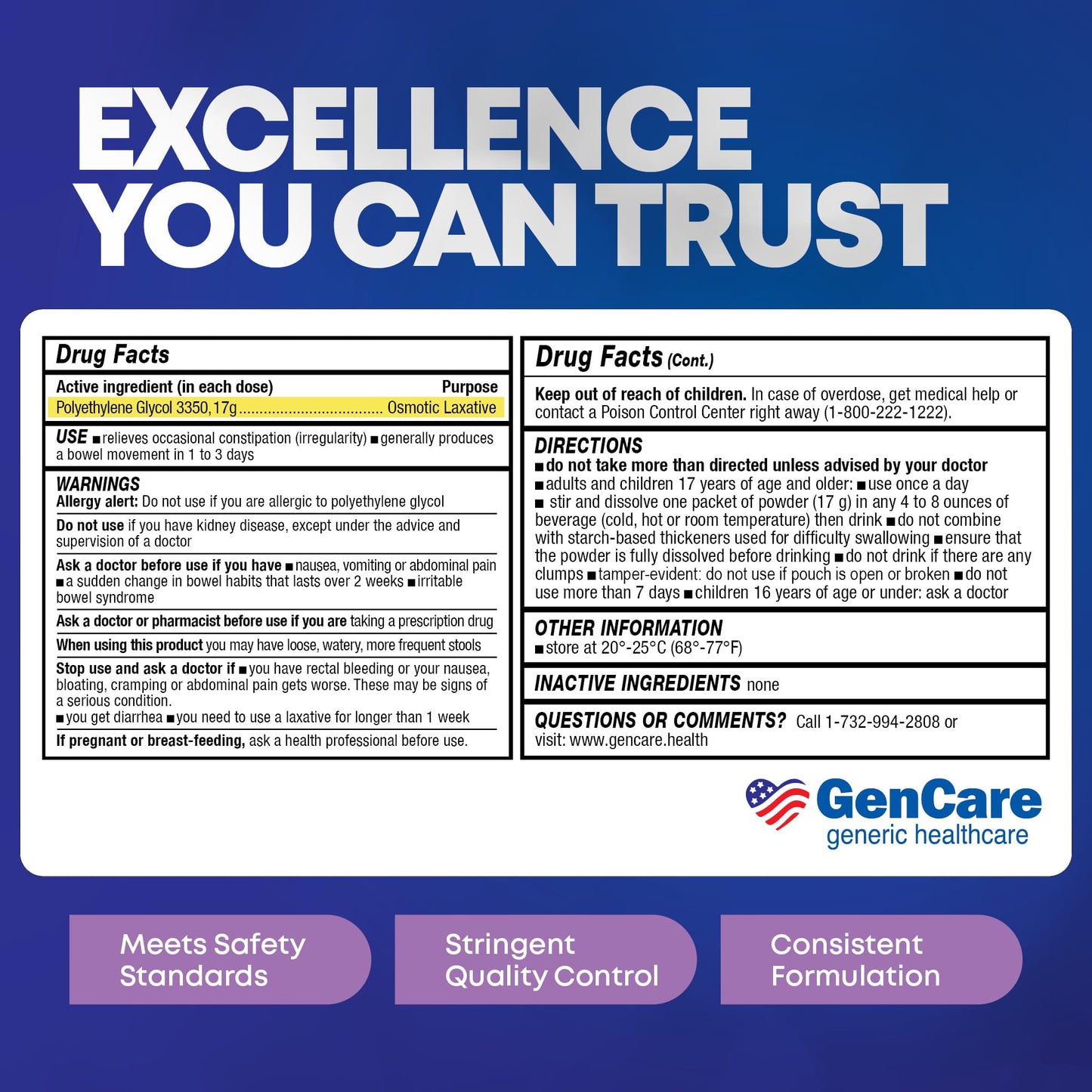 GenCare Polylethylene Glycol 3350 Powder for Solution – 100 Travel Packets | Unflavored PEG 3350 Laxative