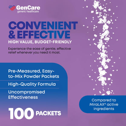 GenCare Polylethylene Glycol 3350 Powder for Solution – 100 Travel Packets | Unflavored PEG 3350 Laxative
