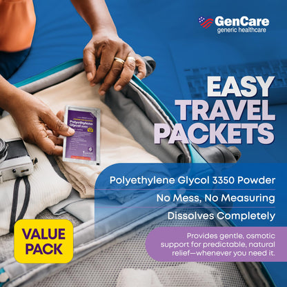 GenCare Polylethylene Glycol 3350 Powder for Solution – 100 Travel Packets | Unflavored PEG 3350 Laxative