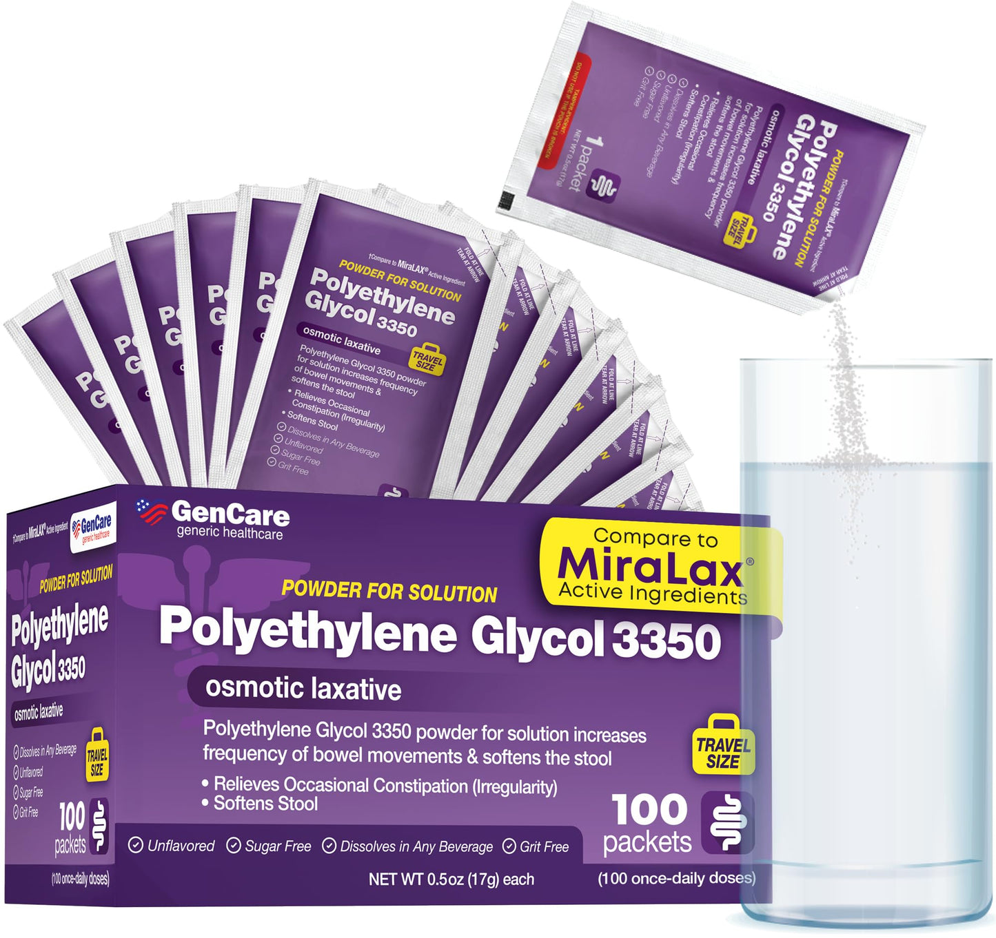 GenCare Polylethylene Glycol 3350 Powder for Solution – 100 Travel Packets | Unflavored PEG 3350 Laxative