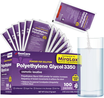 GenCare Polylethylene Glycol 3350 Powder for Solution – 100 Travel Packets | Unflavored PEG 3350 Laxative