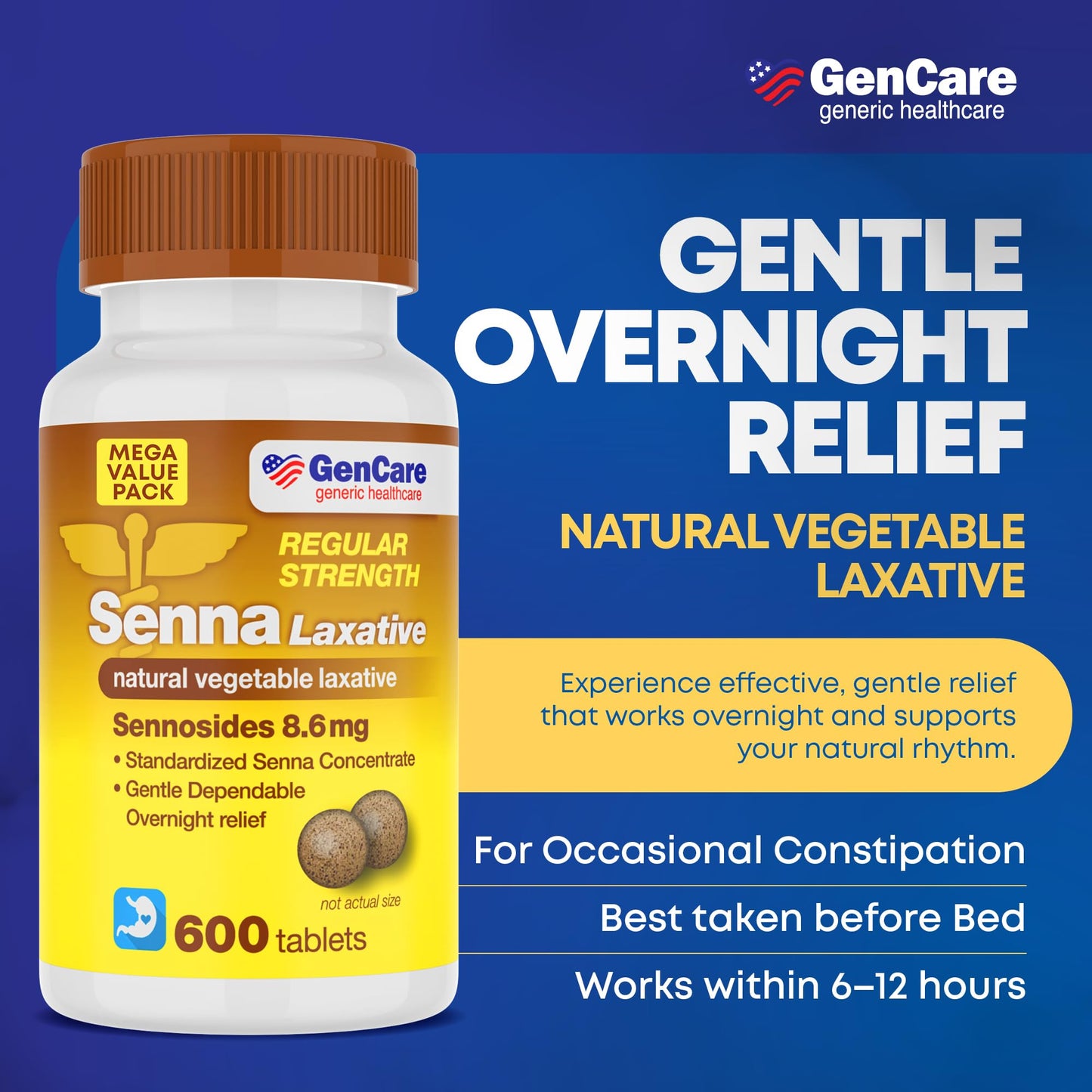 GenCare Senna Laxative 600 Tablets — Natural Senna 8.6 mg for Gentle Regularity