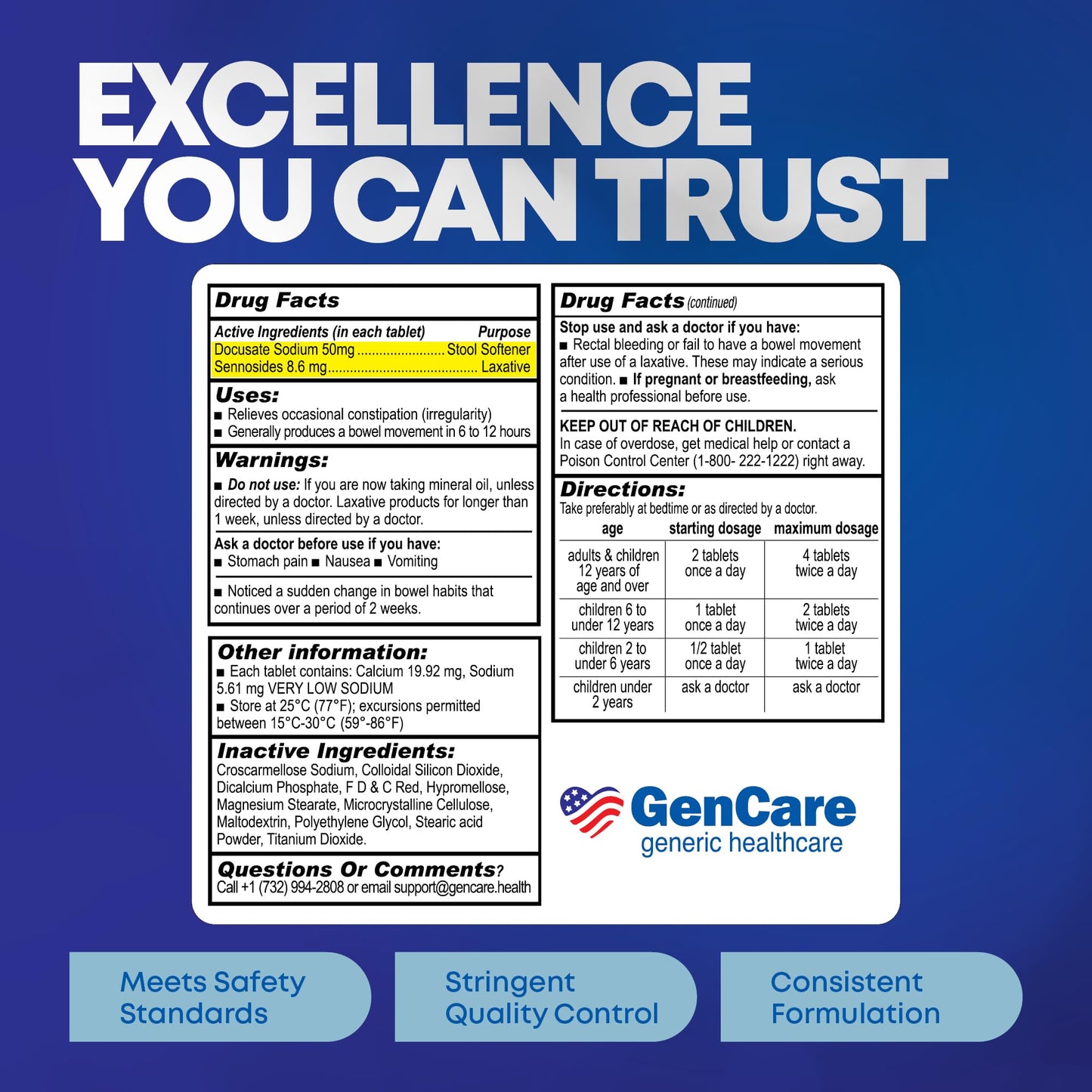 GenCare Senna-S Natural Vegetable Laxative + Stool Softener Dual Action – 200 Tablets Value Pack
