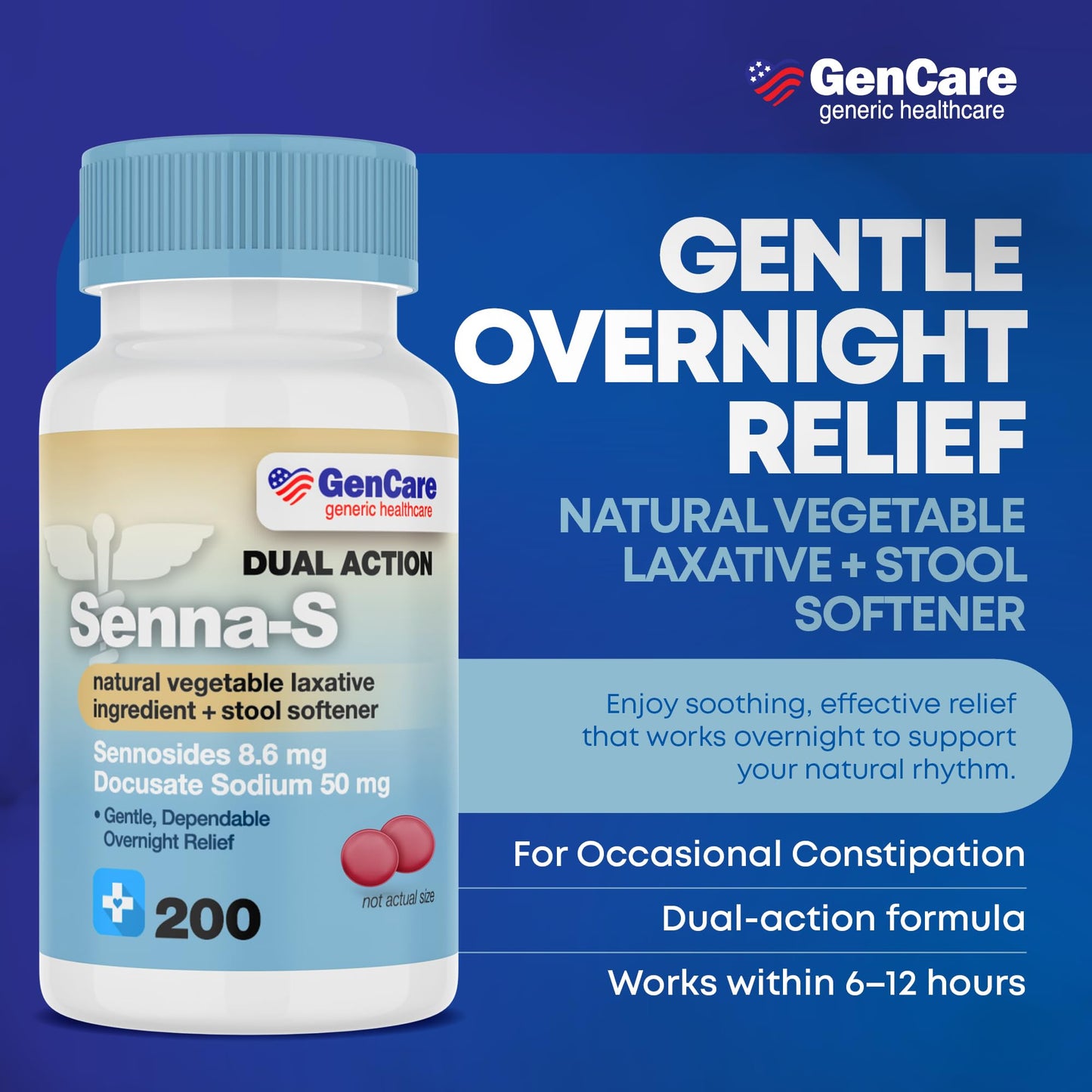 GenCare Senna-S Natural Vegetable Laxative + Stool Softener Dual Action – 200 Tablets Value Pack