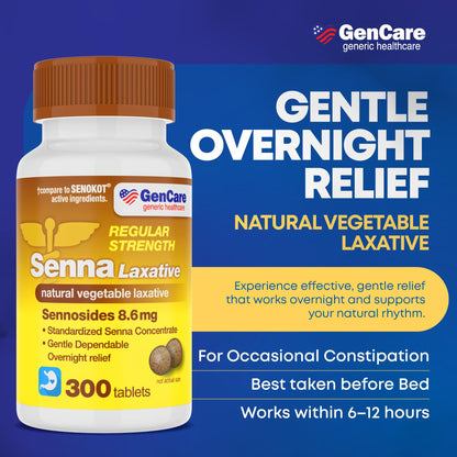GenCare Senna Laxative 600-Count Bulk Bottle | 8.6 mg Senna Tablets for Occasional Constipation