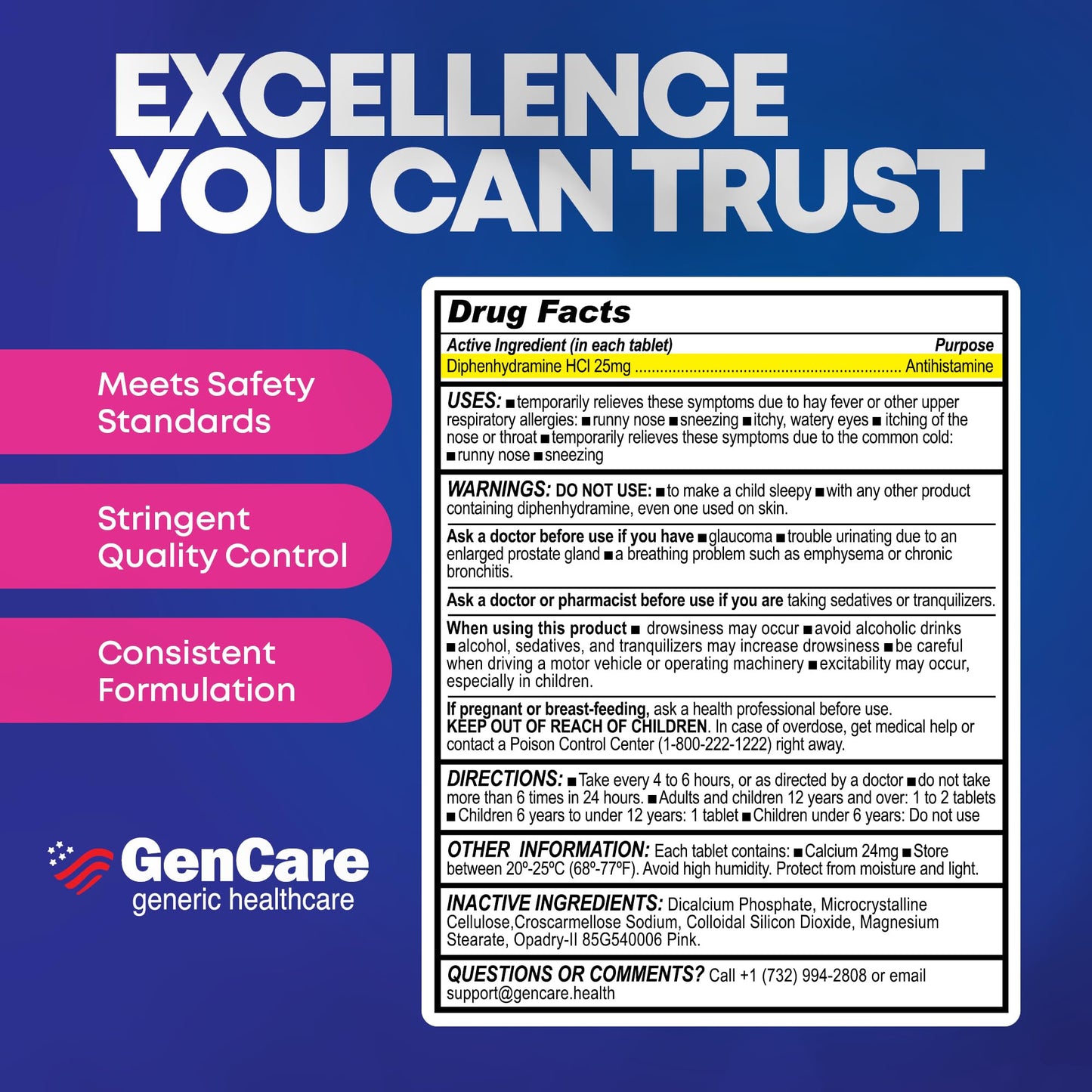GenCare Allergy Relief Medicine – Bulk 1000 Count | Diphenhydramine 25mg for Adults