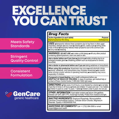 GenCare Allergy Relief Medicine – Bulk 1000 Count | Diphenhydramine 25mg for Adults