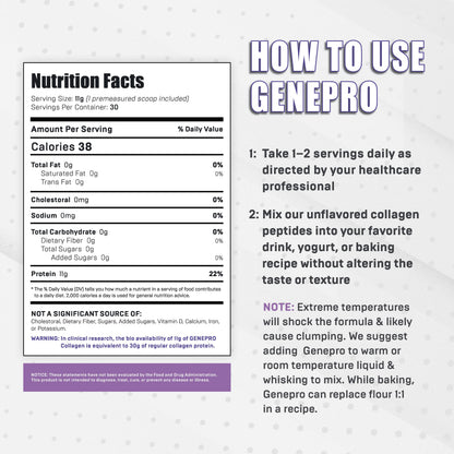 GENEPRO GEN. 3 Collagen Protein Powder – Unflavored, Lactose-Free, Gluten-Free (30 Servings)