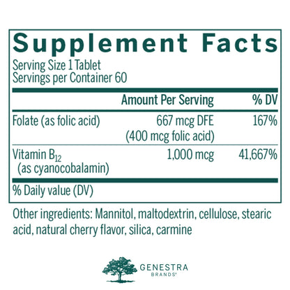 Genestra Bio B12 + Folic Acid – Vitamin B12 Supplement | 60 Chewable Tablets