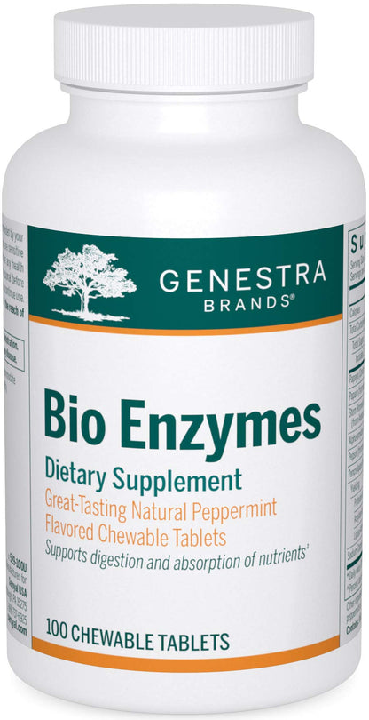 Genestra Brands Bio Enzymes – Complete Digestive Enzymes, Chewable Tablets, Peppermint, 100 Count