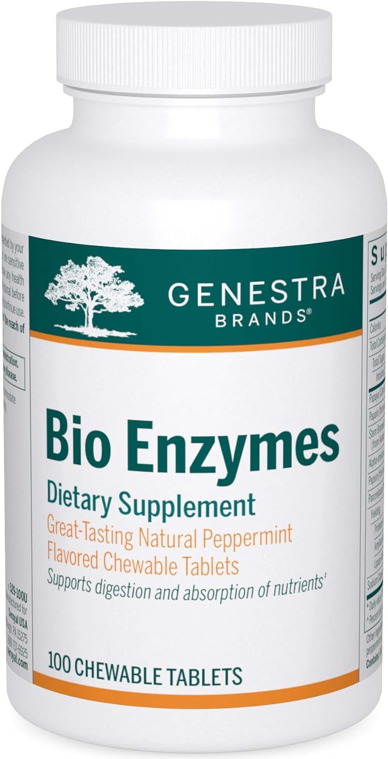 Genestra Brands Bio Enzymes – Complete Digestive Enzymes, Chewable Tablets, Peppermint, 100 Count