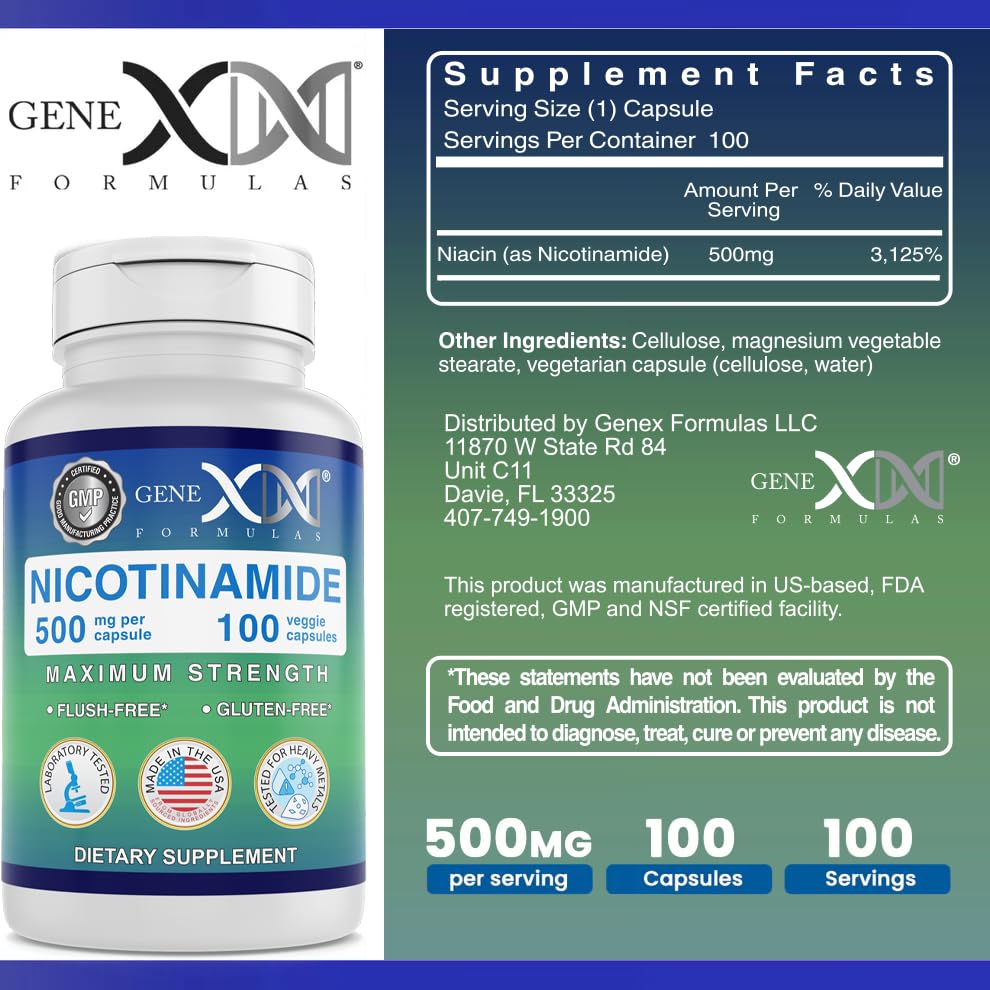 Genex Formulas Nicotinamide 500mg Niacinamide Capsules for Healthy Skin – 100 Count