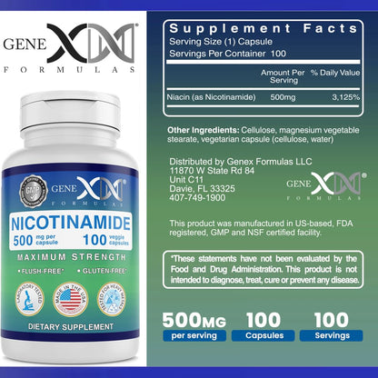 Genex Formulas Nicotinamide 500mg Niacinamide Capsules for Healthy Skin – 100 Count