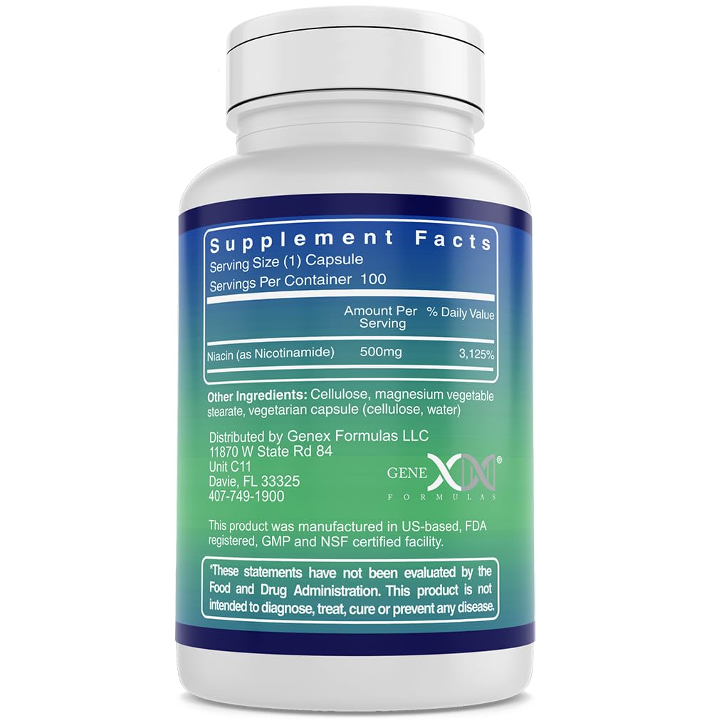 Genex Formulas Nicotinamide 500mg Niacinamide Capsules for Healthy Skin – 100 Count