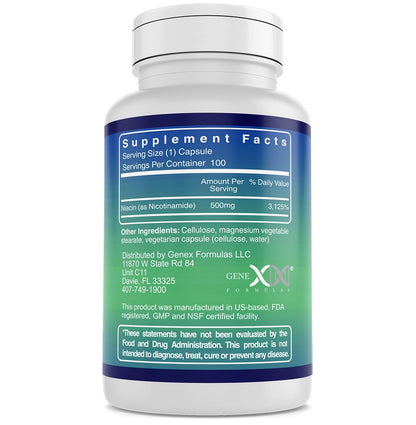 Genex Formulas Nicotinamide 500mg Niacinamide Capsules for Healthy Skin – 100 Count