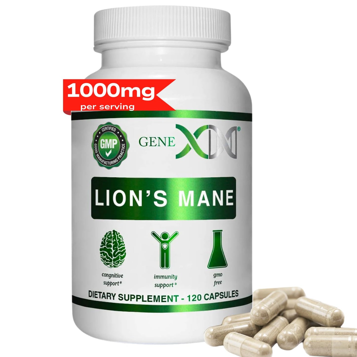 Genex Formulas Lions Mane Supplement - 1000mg per Serving, 120 Capsules | 100% Lion's Mane Extract | Nootropics Brain Support
