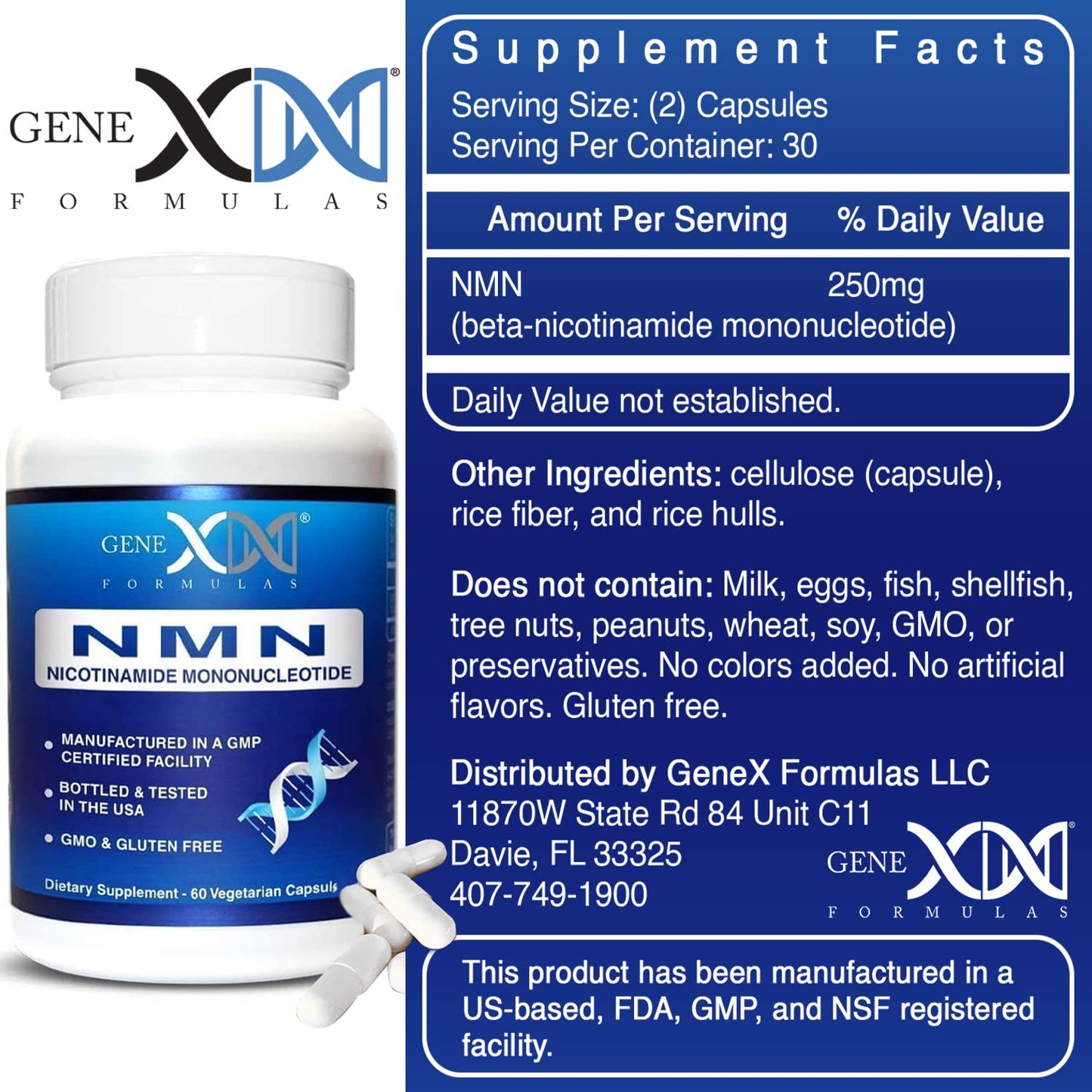 Genex Formulas NMN 250mg - 60 Capsules | 99% Pure NMN for NAD Support, DNA Repair & Healthy Aging | GMP Certified