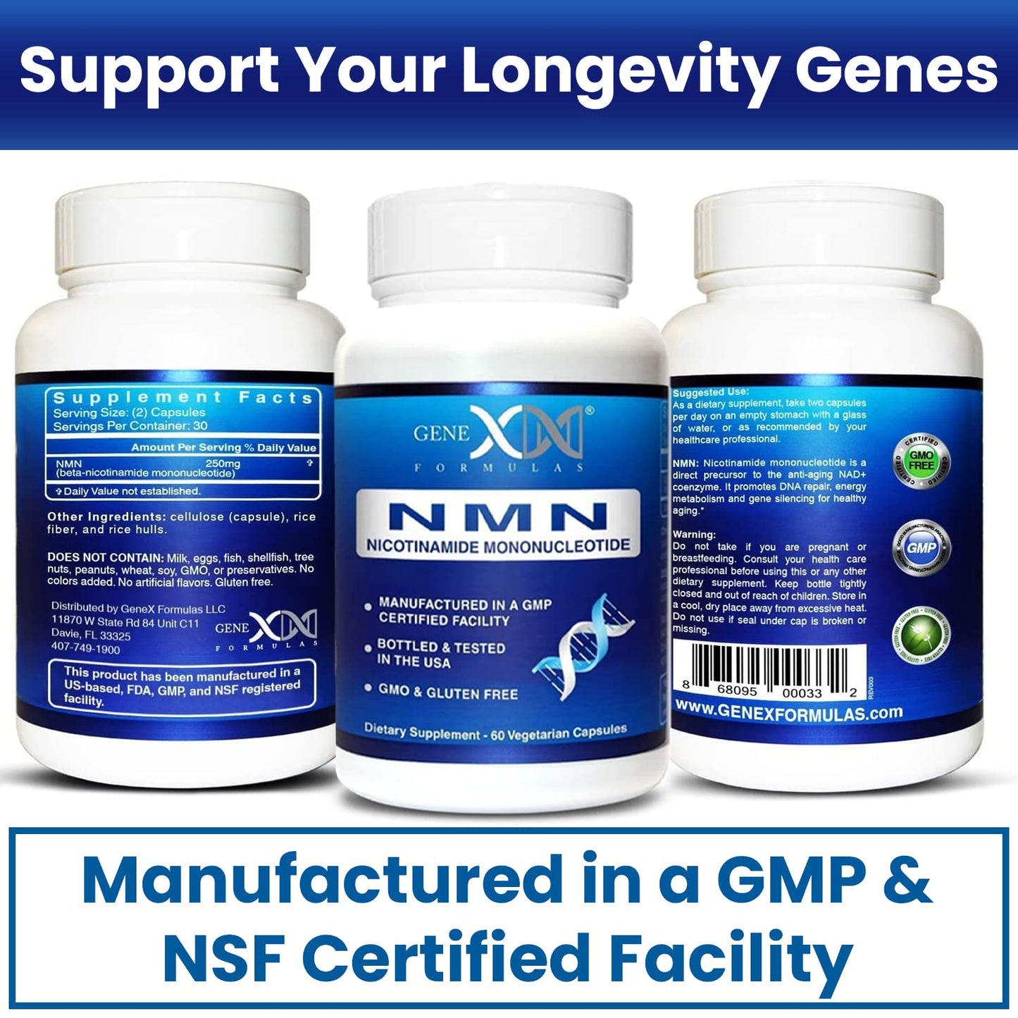 Genex Formulas NMN 250mg - 60 Capsules | 99% Pure NMN for NAD Support, DNA Repair & Healthy Aging | GMP Certified
