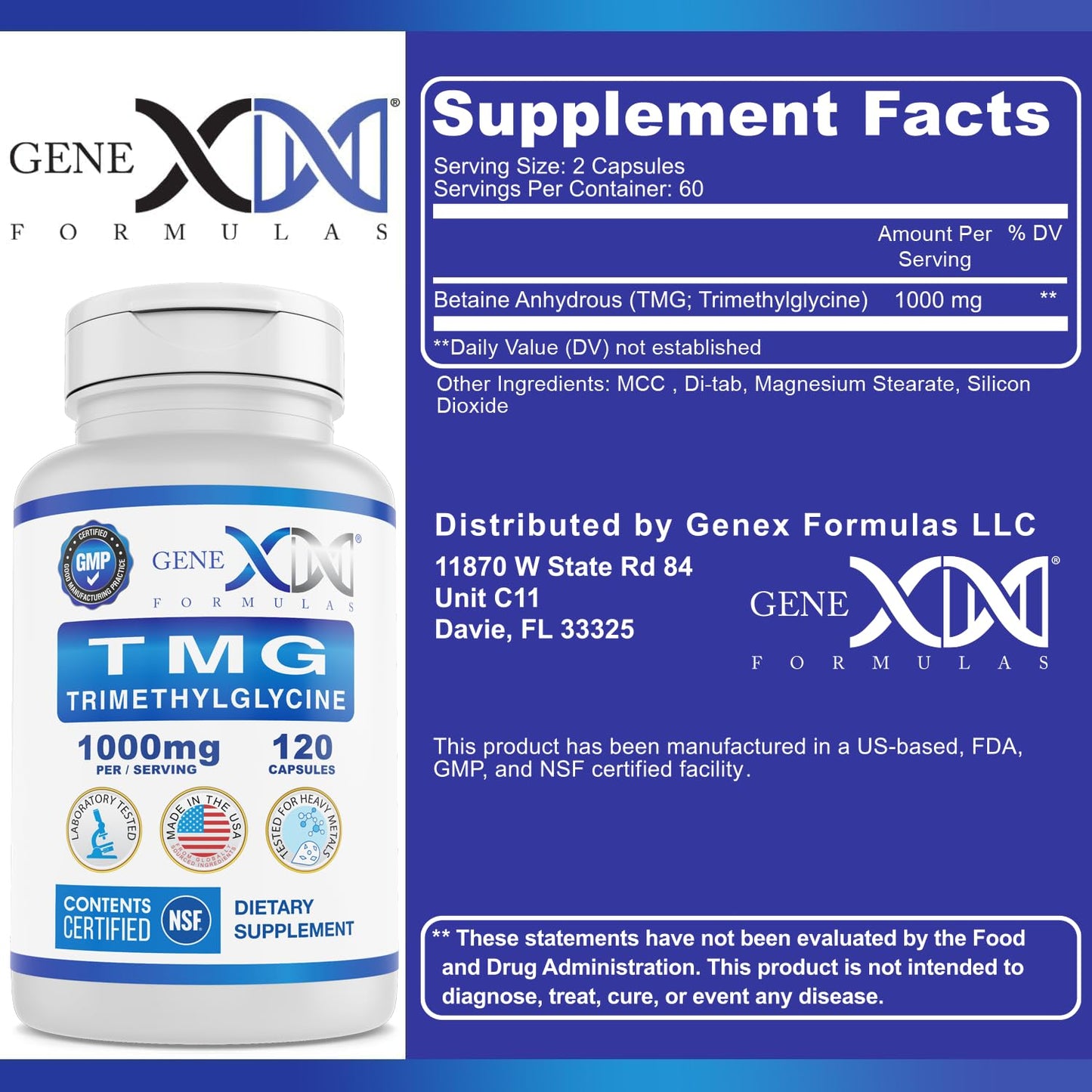 Genex Formulas TMG 1000mg – NSF Certified Liver Support (120 capsules) – Gluten Free & Non-GMO