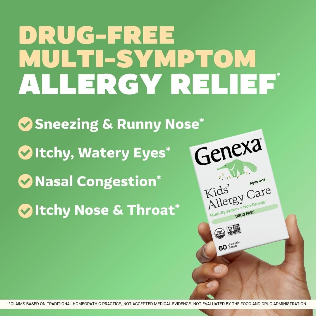 Genexa Kids Allergy Care | Drug-Free, Non-Drowsy Allergy Relief for Kids (Ages 3–11) | Organic Acai Berry Flavor | 60 Chewables