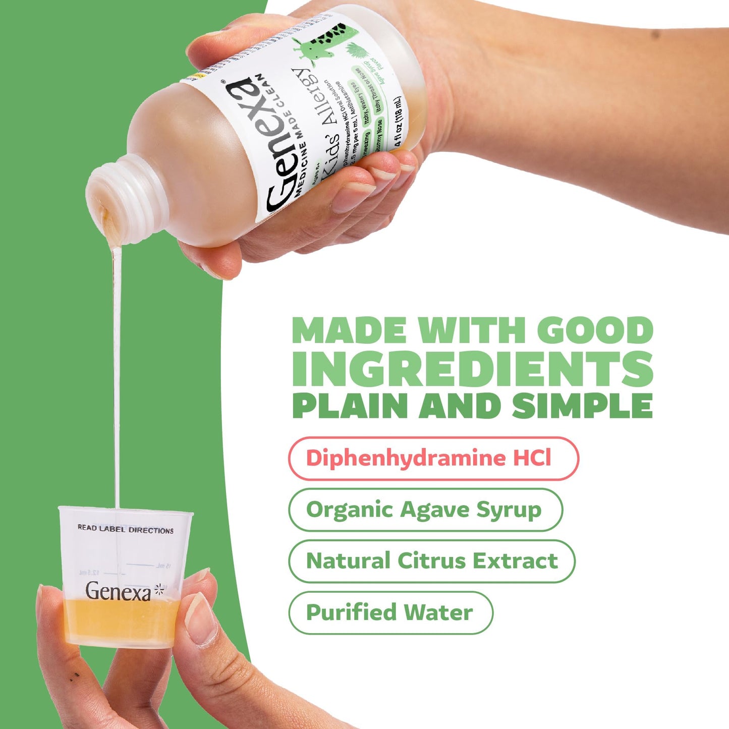 Genexa Kids Allergy Medicine | Clean Diphenhydramine Liquid for Ages 6+ | Vegan & Non-GMO