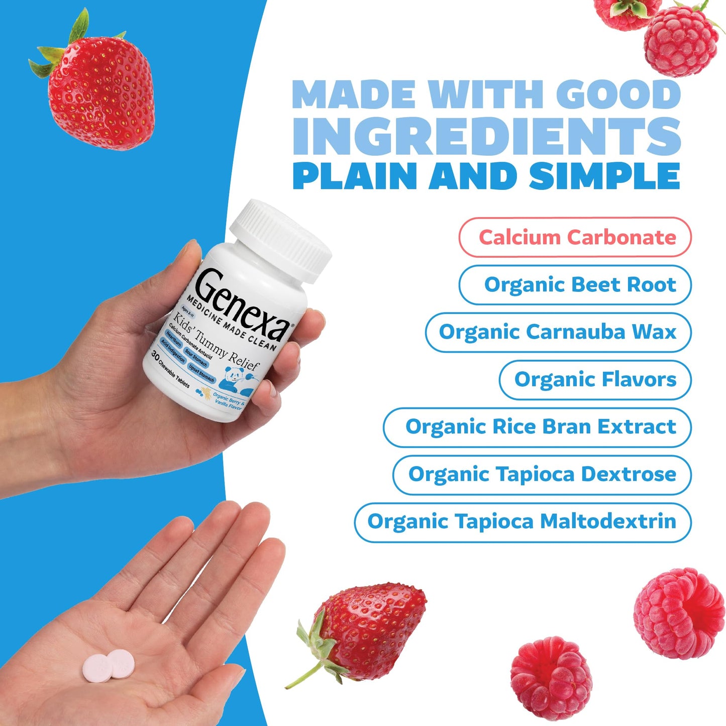 Genexa Kids' Clean Tummy Relief | Dye-Free Berry Chewables for Ages 2-11 | 500 mg Calcium Carbonate
