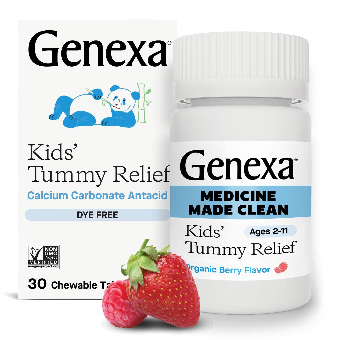 Genexa Kids' Clean Tummy Relief | Dye-Free Berry Chewables for Ages 2-11 | 500 mg Calcium Carbonate