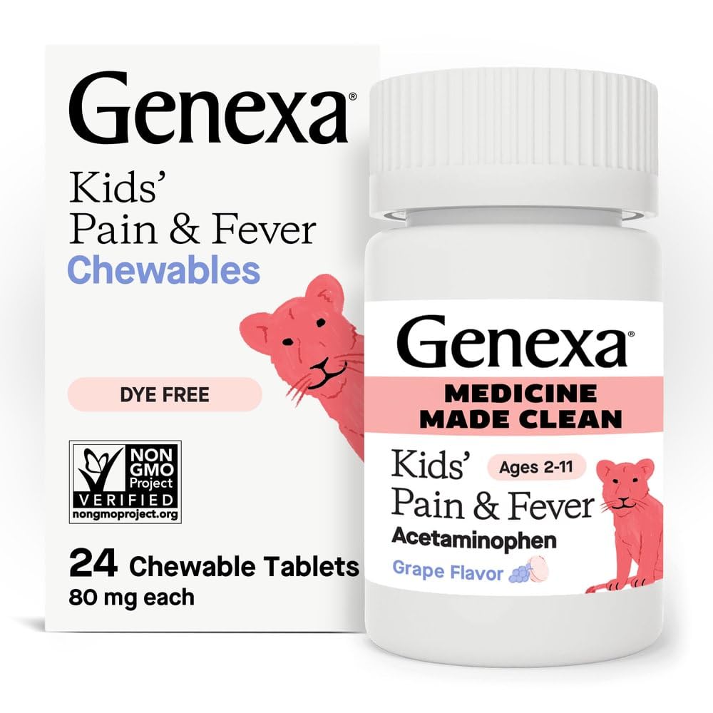 Genexa Kids Pain & Fever Acetaminophen Chewables – Dye-Free, Grape Flavor, 80 mg, 24 ct