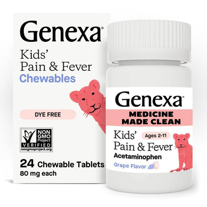 Genexa Kids Pain & Fever Acetaminophen Chewables – Dye-Free, Grape Flavor, 80 mg, 24 ct