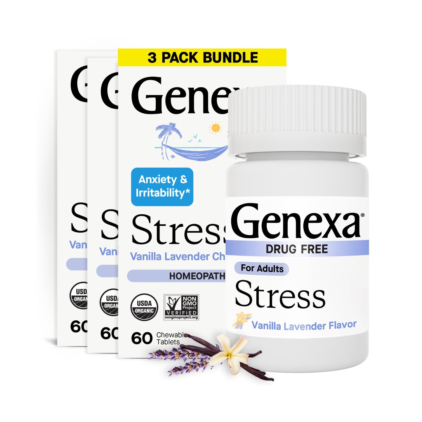 Genexa Stress for Adults - Anxiety Relief & Fatigue (3 Pack, 180 Chewables)