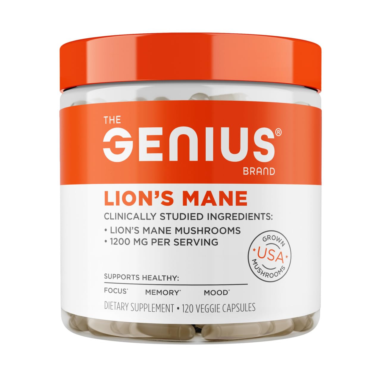 Genius Brand Genius Lion's Mane - Organic Non-GMO Memory & Focus Support - 120 Veggie Capsules