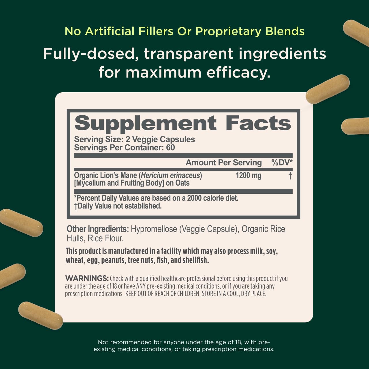 Genius Brand Genius Lion's Mane - Organic Non-GMO Memory & Focus Support - 120 Veggie Capsules