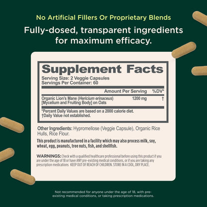 Genius Brand Genius Lion's Mane - Organic Non-GMO Memory & Focus Support - 120 Veggie Capsules