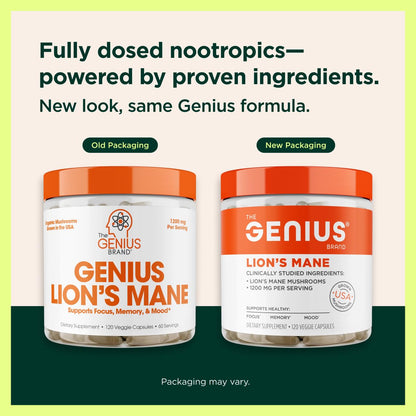 Genius Brand Genius Lion's Mane - Organic Non-GMO Memory & Focus Support - 120 Veggie Capsules